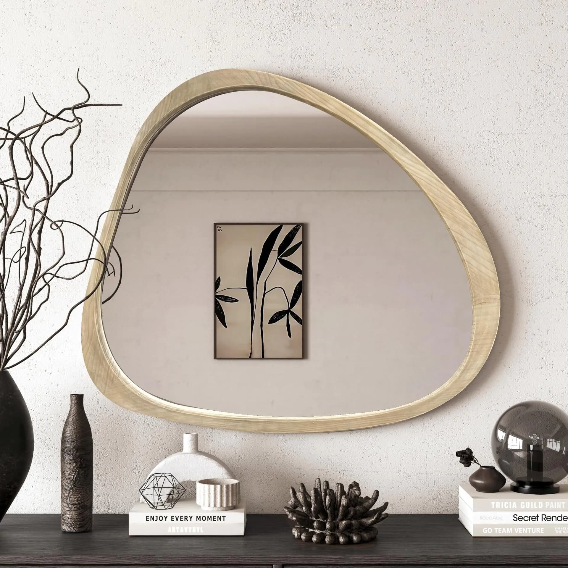 image-Solid Wood Mirror 45 Inch Asymmetrical Wall Mirror Wooden Framed Mirror Large Sized Dressing Mirror, for Living Room, Bedroom, Bathroom, Hallway or Entry Way, Natural Wood Washed