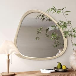 image-Solid Wood Mirror 45 Inch Asymmetrical Wall Mirror Wooden Framed Mirror Large Sized Dressing Mirror, for Living Room, Bedroom, Bathroom, Hallway or Entry Way, Natural Wood Washed