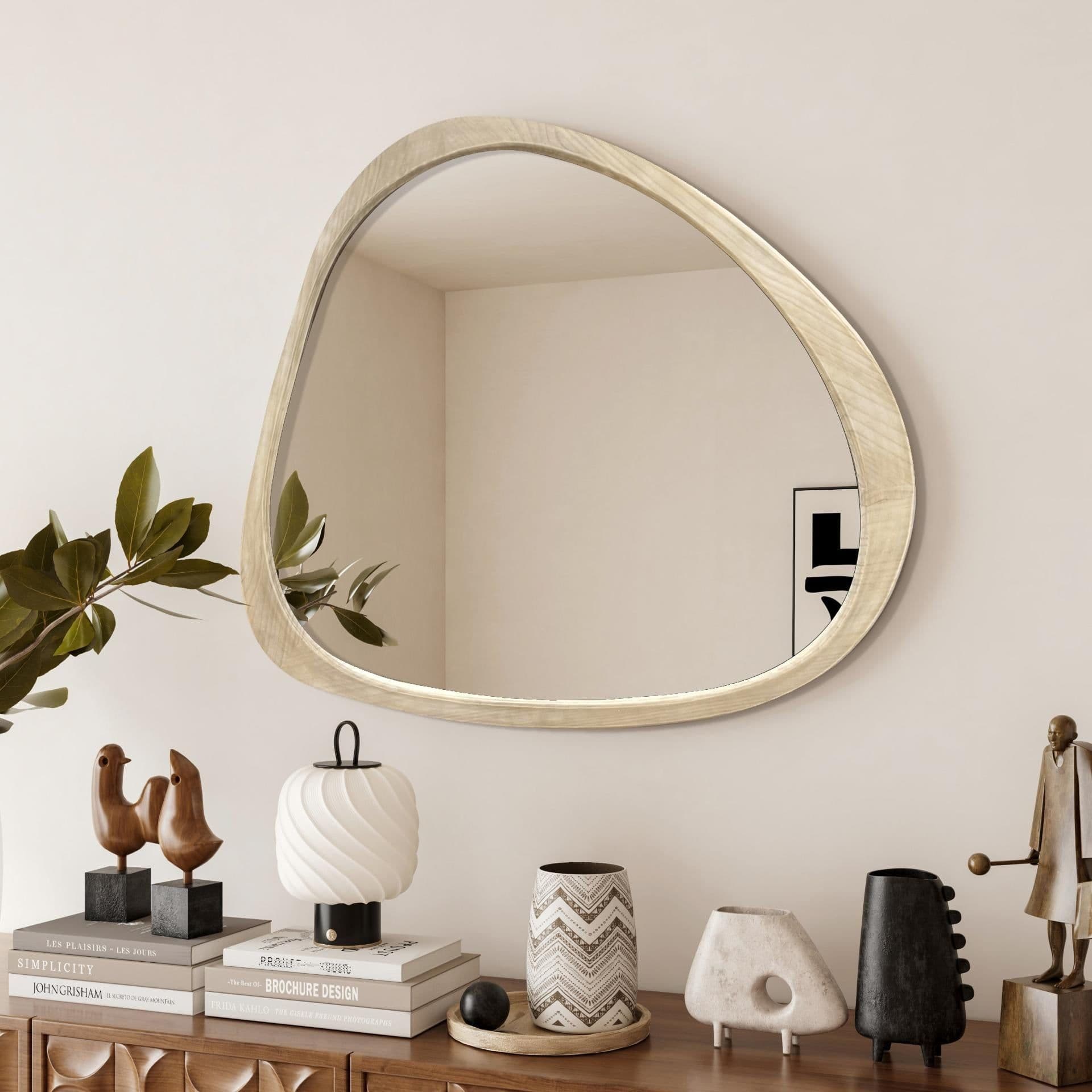 image-Solid Wood Mirror 45 Inch Asymmetrical Wall Mirror Wooden Framed Mirror Large Sized Dressing Mirror, for Living Room, Bedroom, Bathroom, Hallway or Entry Way, Natural Wood Washed
