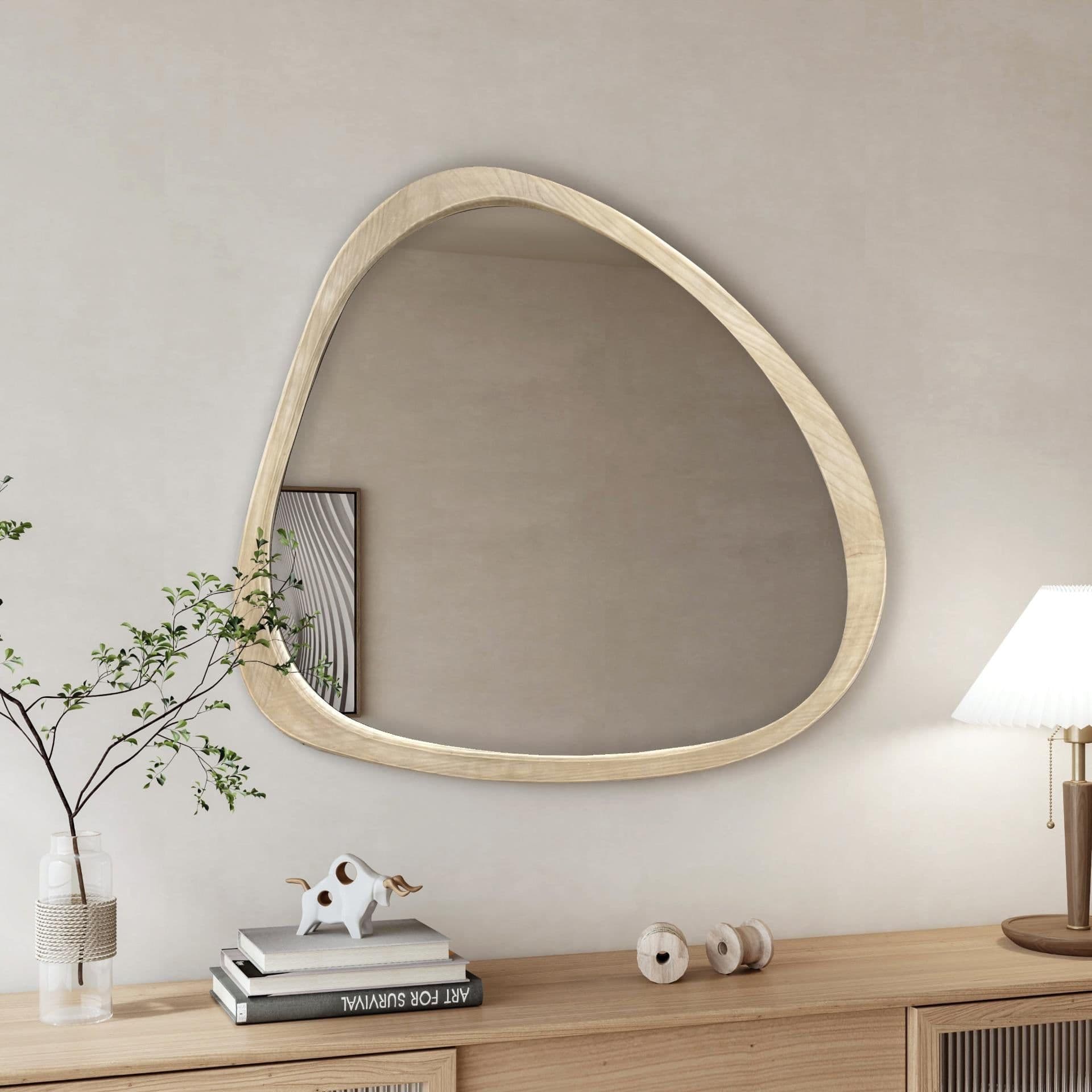 image-Solid Wood Mirror 45 Inch Asymmetrical Wall Mirror Wooden Framed Mirror Large Sized Dressing Mirror, for Living Room, Bedroom, Bathroom, Hallway or Entry Way, Natural Wood Washed
