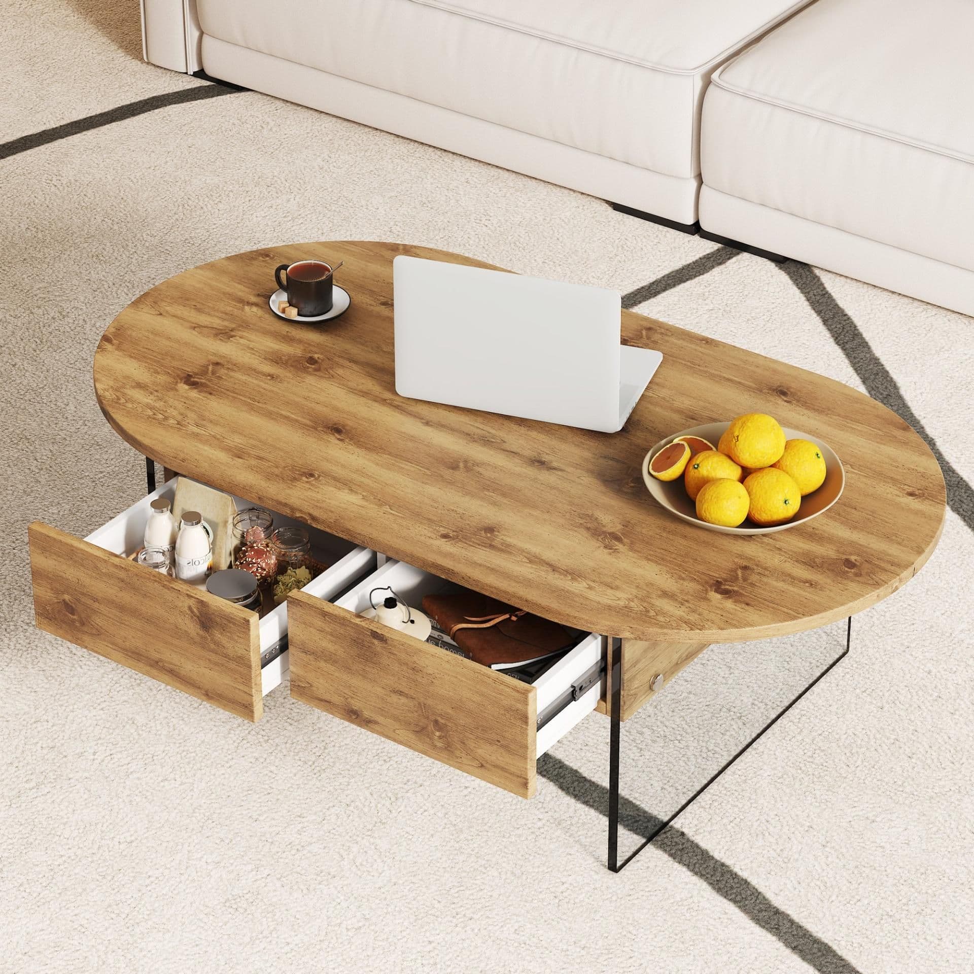 image-Elegant Coffee Table with Double Drawers and Transparent Glass Sides in MDF and Glass