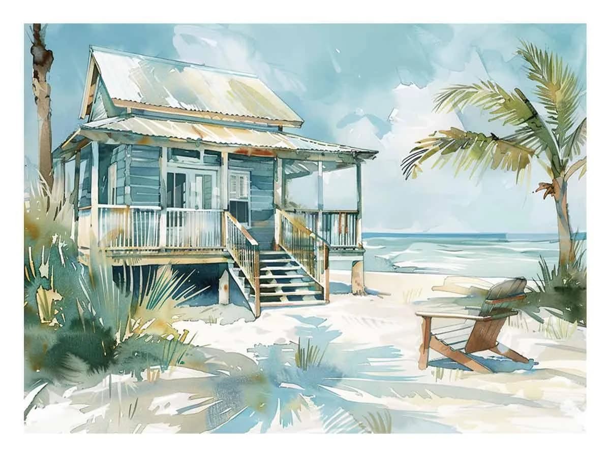 image-Beach House Watercolor Canvas Painting