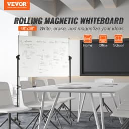 image-VEVOR Rolling Magnetic Whiteboard, Double-sided Mobile Whiteboard 48x36 Inches, Adjustable Height Dry Erase Board with Wheels, 1 Magnetic Erase & 3 Dry Erase Markers & Movable Tray for Office School