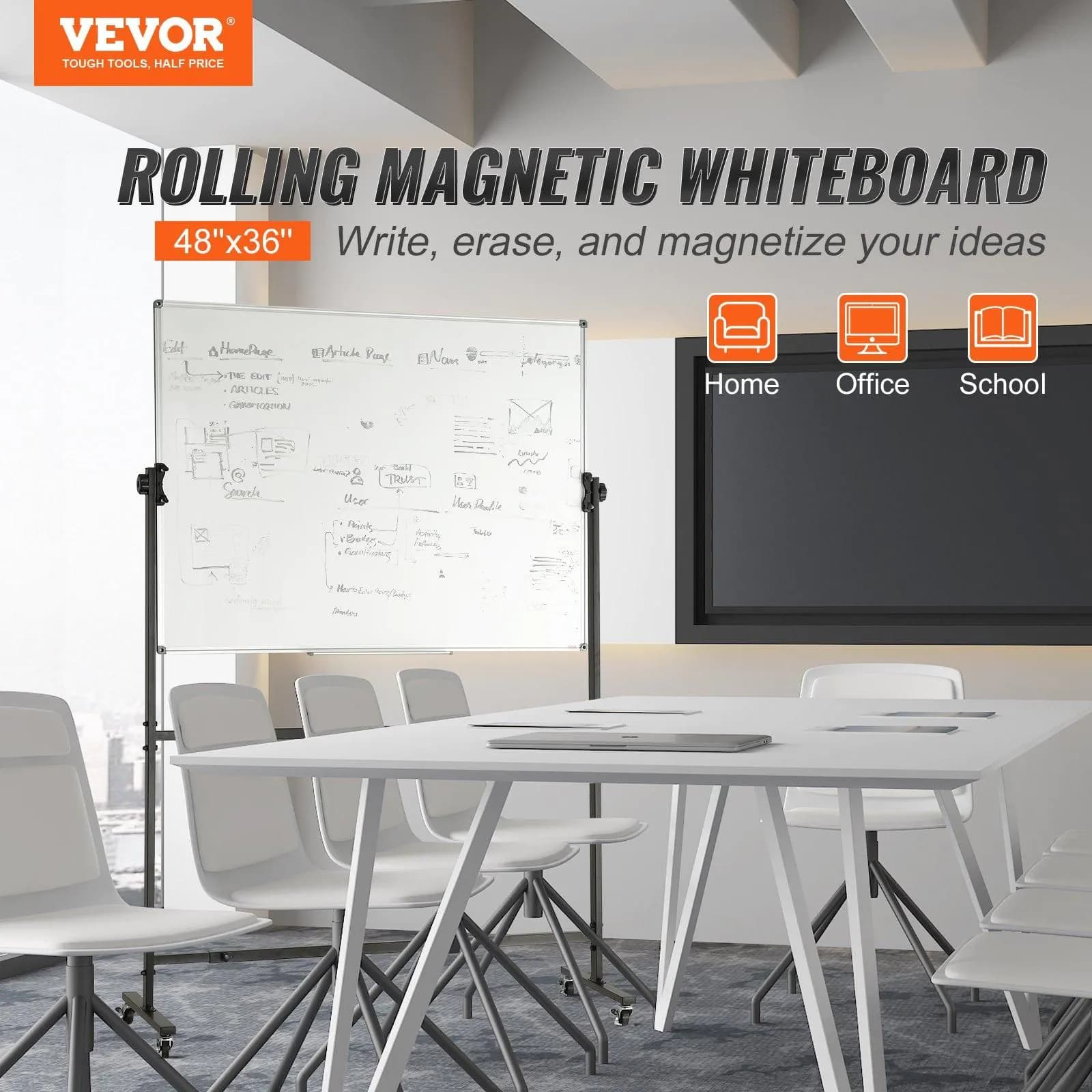 image-VEVOR Rolling Magnetic Whiteboard, Double-sided Mobile Whiteboard 48x36 Inches, Adjustable Height Dry Erase Board with Wheels, 1 Magnetic Erase & 3 Dry Erase Markers & Movable Tray for Office School
