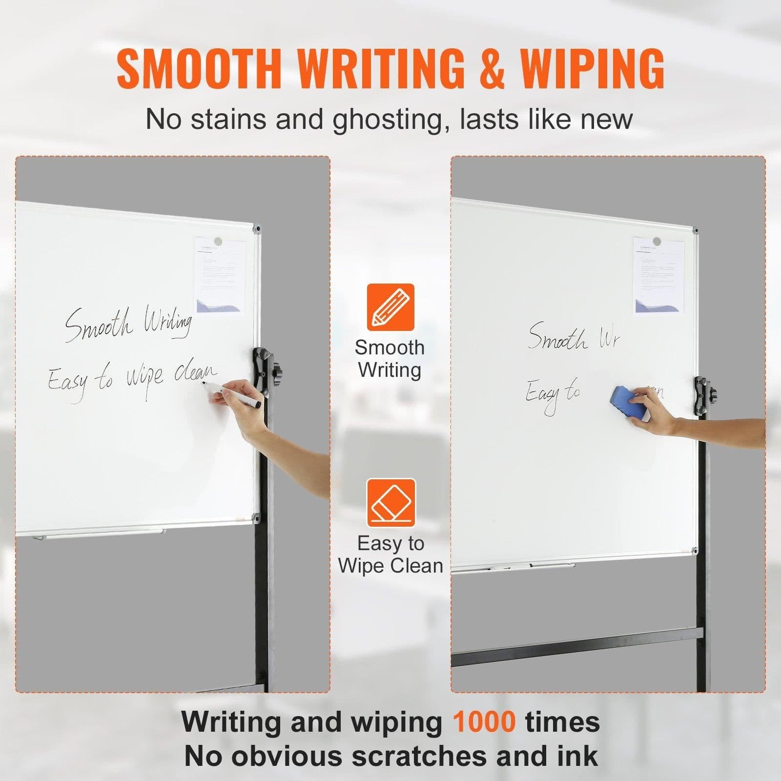 image-VEVOR Rolling Magnetic Whiteboard, Double-sided Mobile Whiteboard 48x36 Inches, Adjustable Height Dry Erase Board with Wheels, 1 Magnetic Erase & 3 Dry Erase Markers & Movable Tray for Office School