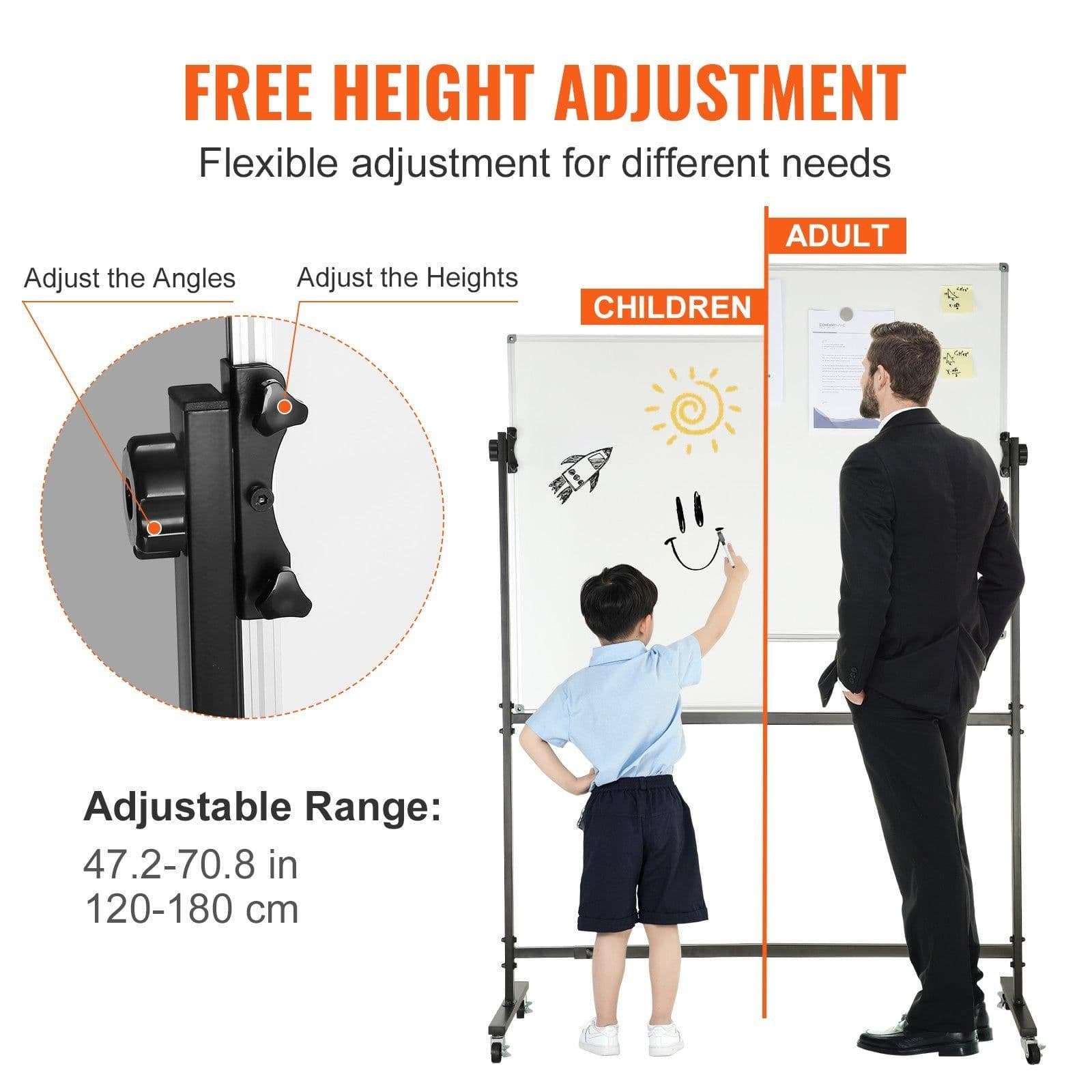 image-VEVOR Rolling Magnetic Whiteboard, Double-sided Mobile Whiteboard 48x36 Inches, Adjustable Height Dry Erase Board with Wheels, 1 Magnetic Erase & 3 Dry Erase Markers & Movable Tray for Office School