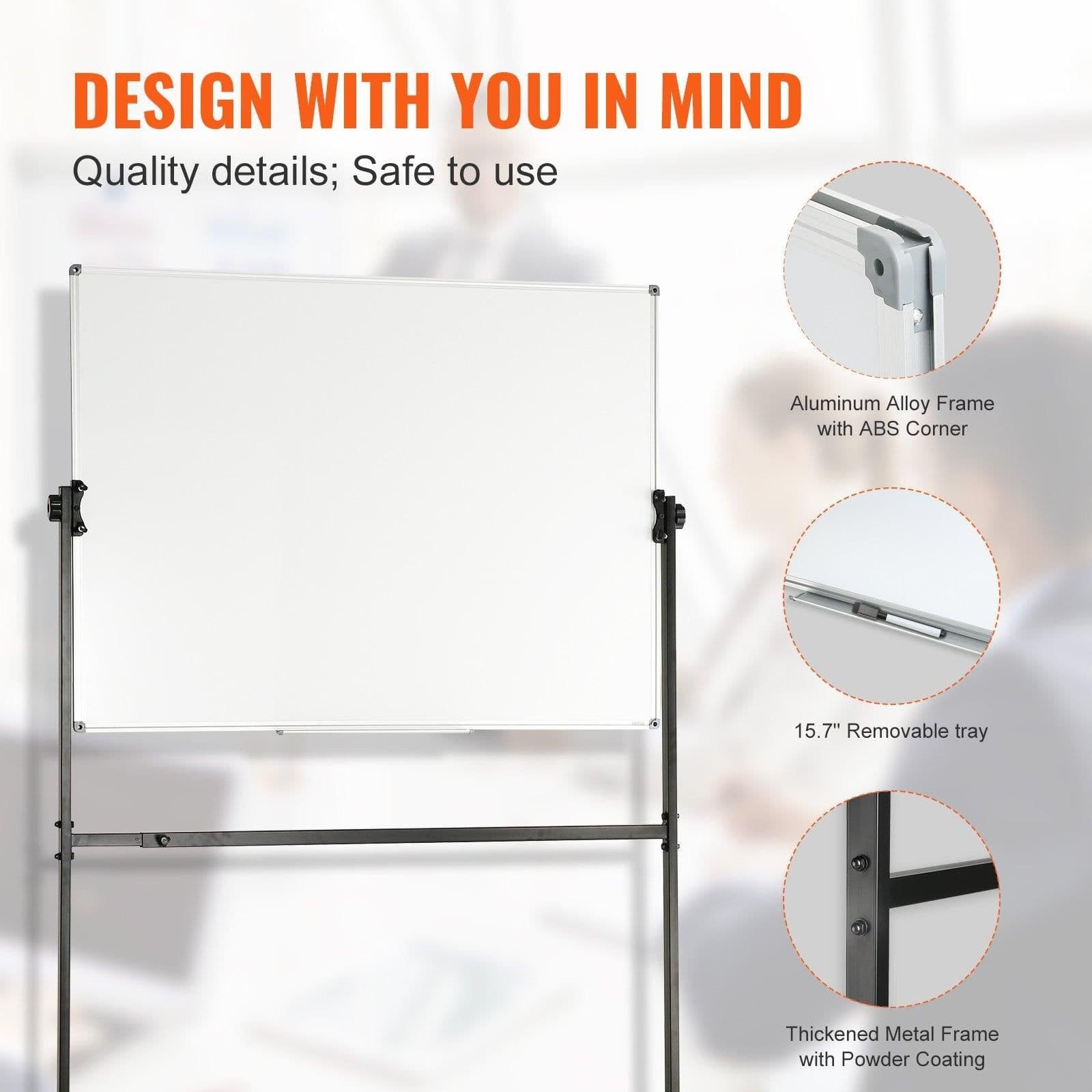 image-VEVOR Rolling Magnetic Whiteboard, Double-sided Mobile Whiteboard 48x36 Inches, Adjustable Height Dry Erase Board with Wheels, 1 Magnetic Erase & 3 Dry Erase Markers & Movable Tray for Office School
