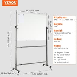 image-VEVOR Rolling Magnetic Whiteboard, Double-sided Mobile Whiteboard 48x36 Inches, Adjustable Height Dry Erase Board with Wheels, 1 Magnetic Erase & 3 Dry Erase Markers & Movable Tray for Office School