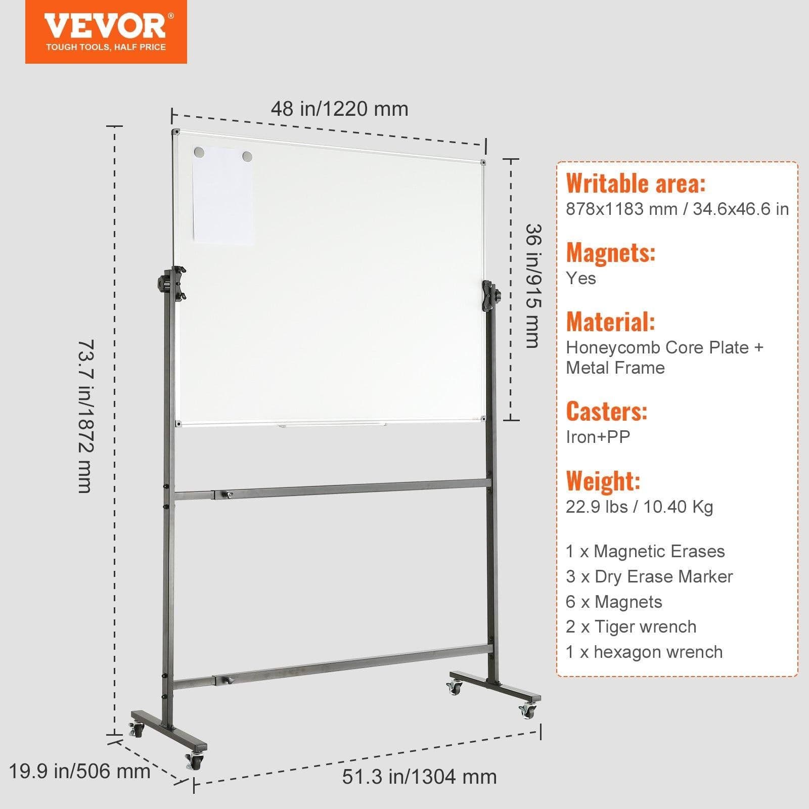 image-VEVOR Rolling Magnetic Whiteboard, Double-sided Mobile Whiteboard 48x36 Inches, Adjustable Height Dry Erase Board with Wheels, 1 Magnetic Erase & 3 Dry Erase Markers & Movable Tray for Office School