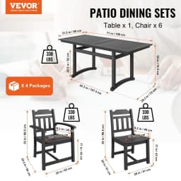 image-VEVOR 7 Pieces Patio Dining Set, Outdoor Rectangle Furniture Table and Chairs Set, All Weather Garden Furniture Table Sets, HIPS Patio Conversation Set, For Lawn, Deck, Backyard, Poolside, Black
