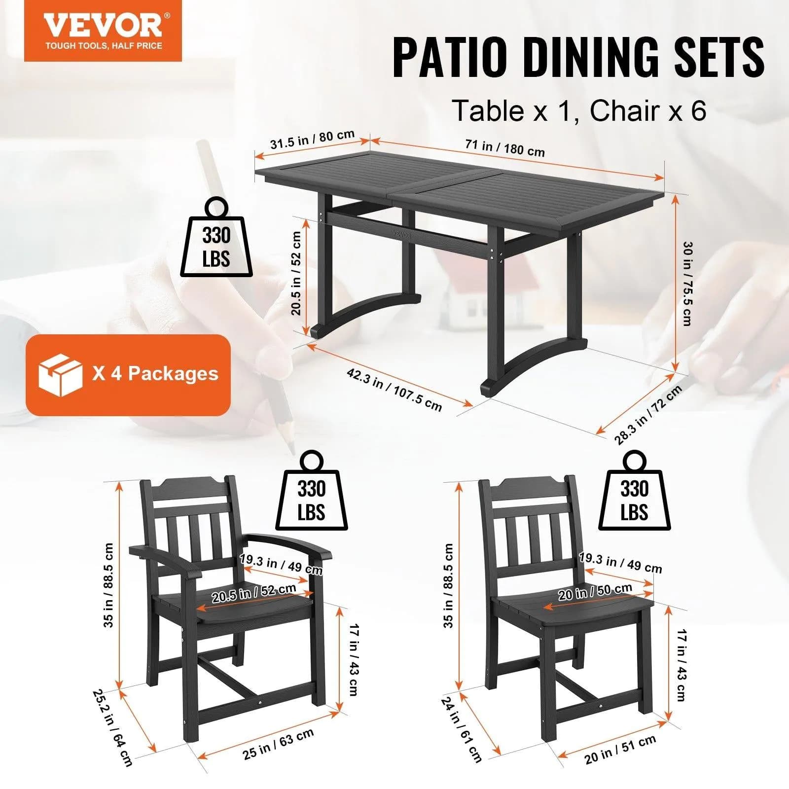 image-VEVOR 7 Pieces Patio Dining Set, Outdoor Rectangle Furniture Table and Chairs Set, All Weather Garden Furniture Table Sets, HIPS Patio Conversation Set, For Lawn, Deck, Backyard, Poolside, Black