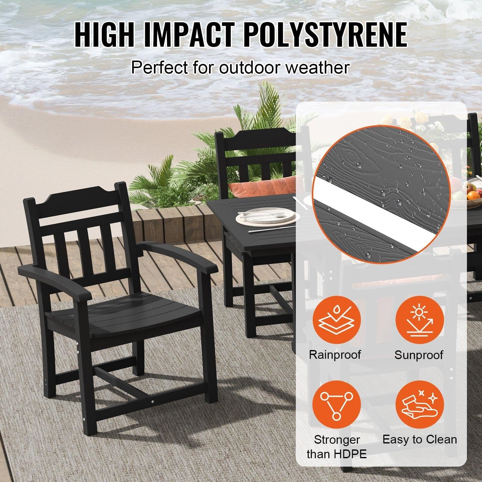 image-VEVOR 7 Pieces Patio Dining Set, Outdoor Rectangle Furniture Table and Chairs Set, All Weather Garden Furniture Table Sets, HIPS Patio Conversation Set, For Lawn, Deck, Backyard, Poolside, Black