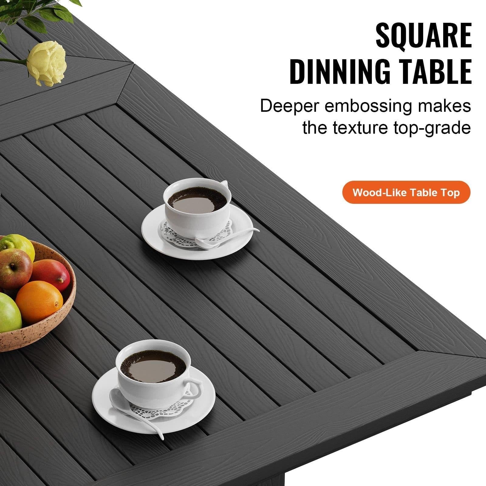 image-VEVOR 7 Pieces Patio Dining Set, Outdoor Rectangle Furniture Table and Chairs Set, All Weather Garden Furniture Table Sets, HIPS Patio Conversation Set, For Lawn, Deck, Backyard, Poolside, Black