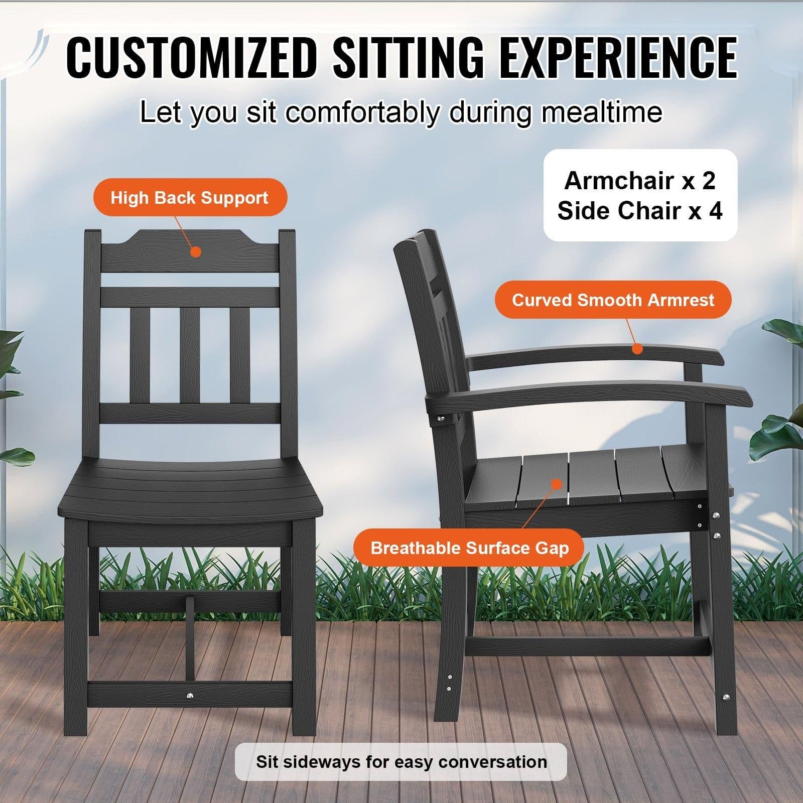 image-VEVOR 7 Pieces Patio Dining Set, Outdoor Rectangle Furniture Table and Chairs Set, All Weather Garden Furniture Table Sets, HIPS Patio Conversation Set, For Lawn, Deck, Backyard, Poolside, Black