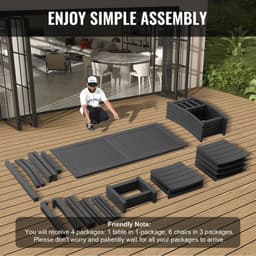 image-VEVOR 7 Pieces Patio Dining Set, Outdoor Rectangle Furniture Table and Chairs Set, All Weather Garden Furniture Table Sets, HIPS Patio Conversation Set, For Lawn, Deck, Backyard, Poolside, Black