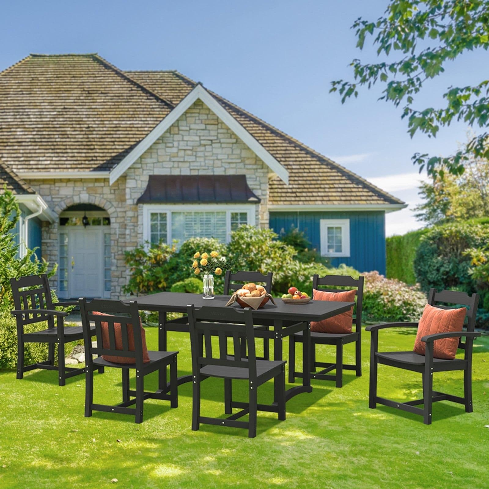 image-VEVOR 7 Pieces Patio Dining Set, Outdoor Rectangle Furniture Table and Chairs Set, All Weather Garden Furniture Table Sets, HIPS Patio Conversation Set, For Lawn, Deck, Backyard, Poolside, Black