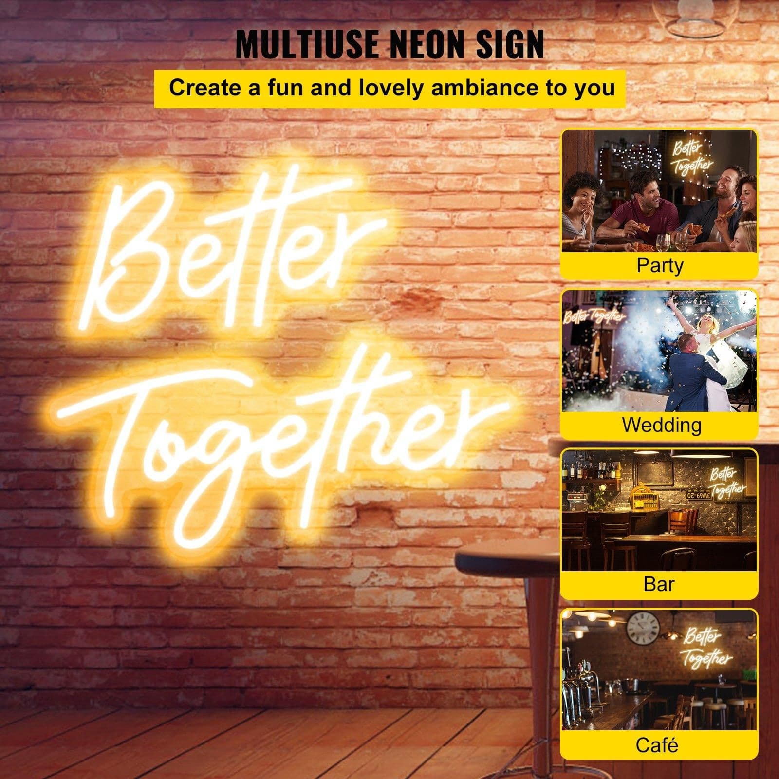 image-VEVOR Better Together Neon Sign, 13" x 7" +18" x 8" Warm White LED lights Sign, Adjustable Brightness with Remote Control, Used for Home, Party, Wedding, and Bar Decoration (Power Adapter Included