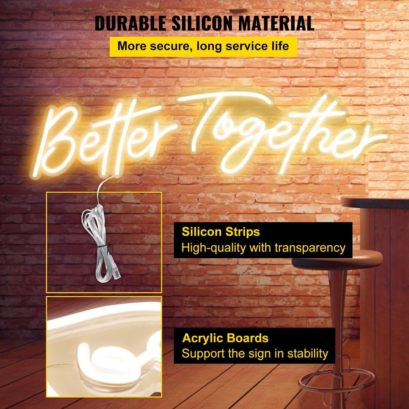 image-VEVOR Better Together Neon Sign, 13" x 7" +18" x 8" Warm White LED lights Sign, Adjustable Brightness with Remote Control, Used for Home, Party, Wedding, and Bar Decoration (Power Adapter Included