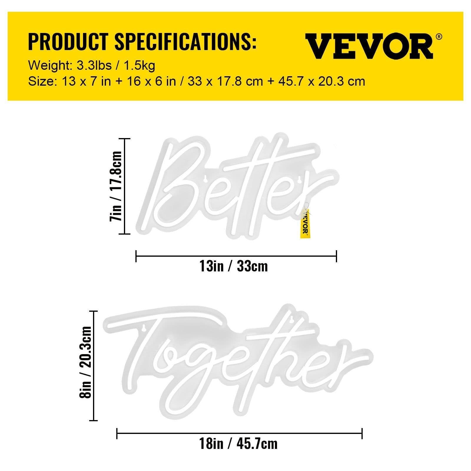 image-VEVOR Better Together Neon Sign, 13" x 7" +18" x 8" Warm White LED lights Sign, Adjustable Brightness with Remote Control, Used for Home, Party, Wedding, and Bar Decoration (Power Adapter Included