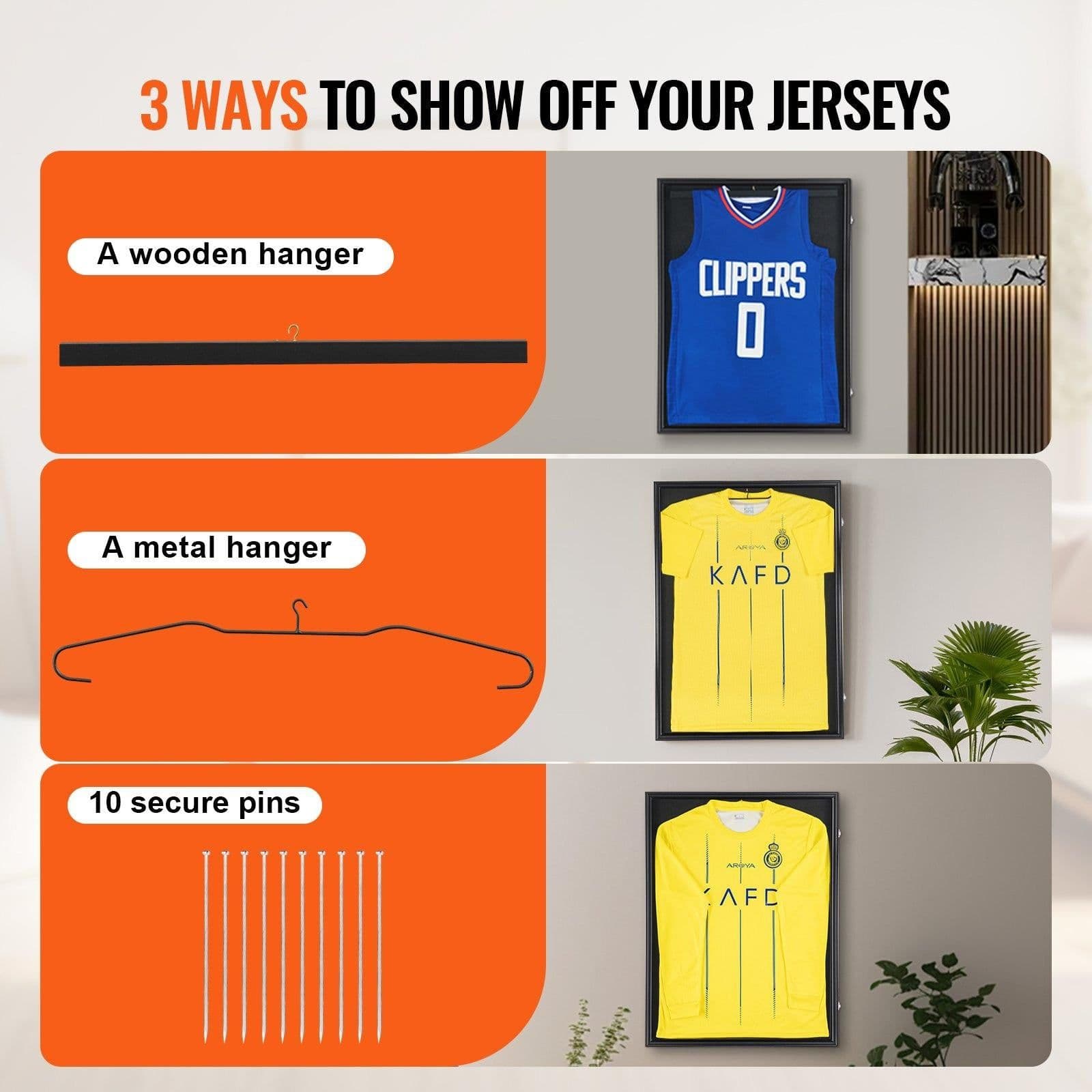 image-VEVOR Jersey Display Frame Case, 24 x 32 x 1.5 in, Large Lockable Sport Jersey Shadow Box with 98% UV Protection PC Glass and Hangers, for Baseball Basketball Football Hockey Shirt and Uniform, Black
