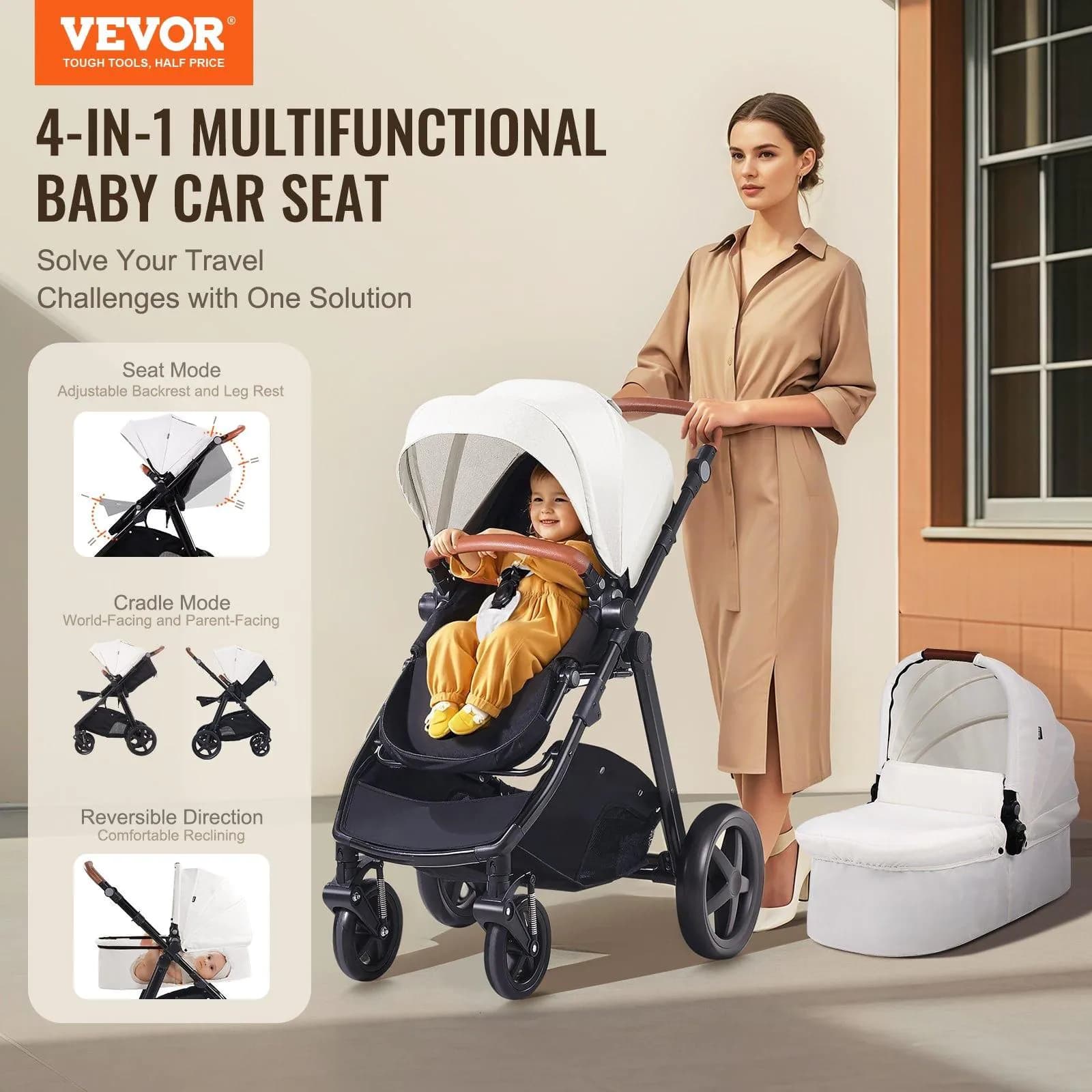 image-VEVOR Travel System Stroller with Infant Bassinet, 2-in-1 Baby Cradle Stroller Combo, Reversible Seat, Easy One-button Folding, EVA Tires with Brake Aluminum Stroller Carseat Combo Set (White)