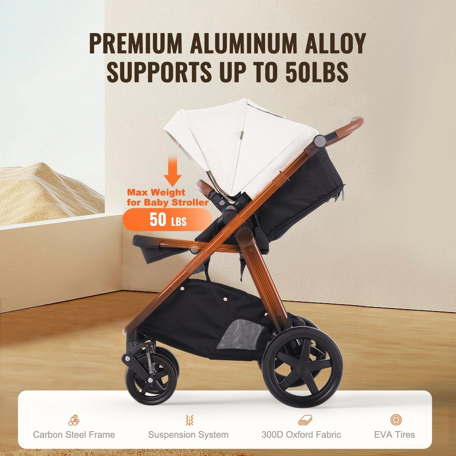 image-VEVOR Travel System Stroller with Infant Bassinet, 2-in-1 Baby Cradle Stroller Combo, Reversible Seat, Easy One-button Folding, EVA Tires with Brake Aluminum Stroller Carseat Combo Set (White)