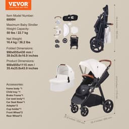 image-VEVOR Travel System Stroller with Infant Bassinet, 2-in-1 Baby Cradle Stroller Combo, Reversible Seat, Easy One-button Folding, EVA Tires with Brake Aluminum Stroller Carseat Combo Set (White)