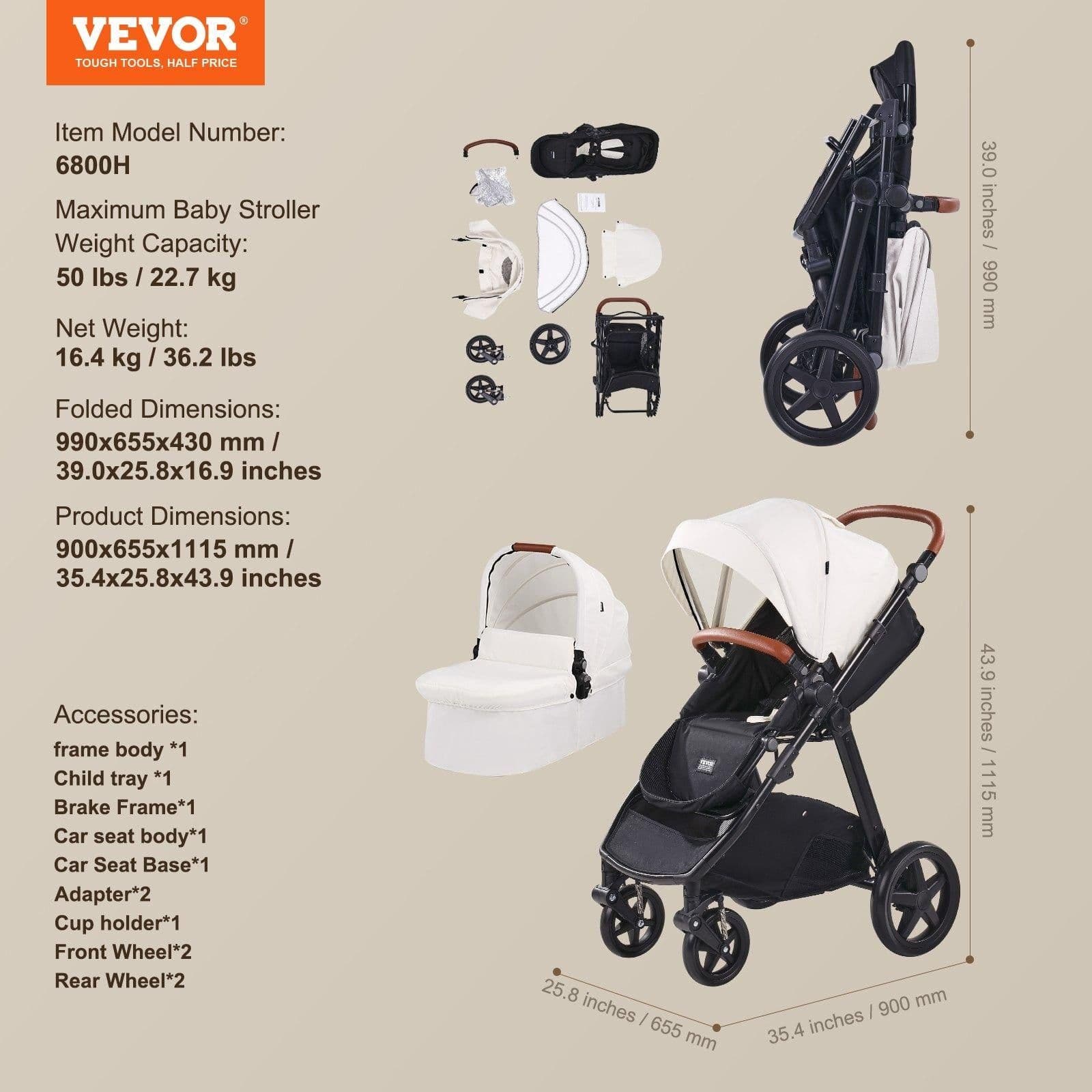 image-VEVOR Travel System Stroller with Infant Bassinet, 2-in-1 Baby Cradle Stroller Combo, Reversible Seat, Easy One-button Folding, EVA Tires with Brake Aluminum Stroller Carseat Combo Set (White)