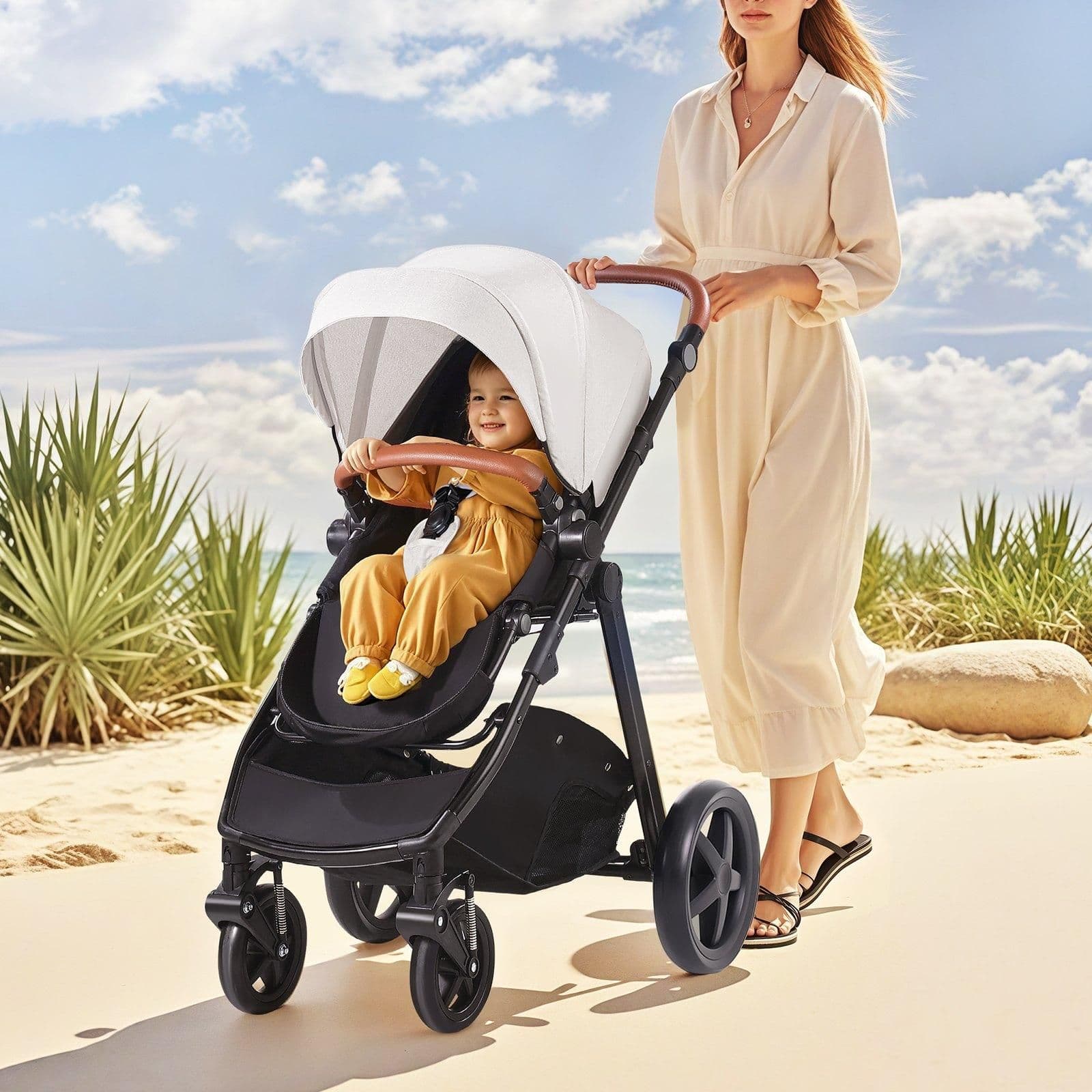 image-VEVOR Travel System Stroller with Infant Bassinet, 2-in-1 Baby Cradle Stroller Combo, Reversible Seat, Easy One-button Folding, EVA Tires with Brake Aluminum Stroller Carseat Combo Set (White)