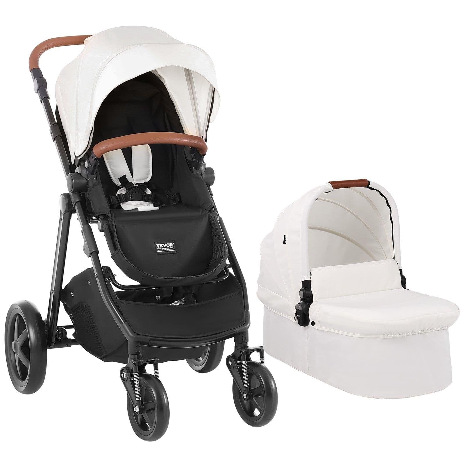 image-VEVOR Travel System Stroller with Infant Bassinet, 2-in-1 Baby Cradle Stroller Combo, Reversible Seat, Easy One-button Folding, EVA Tires with Brake Aluminum Stroller Carseat Combo Set (White)