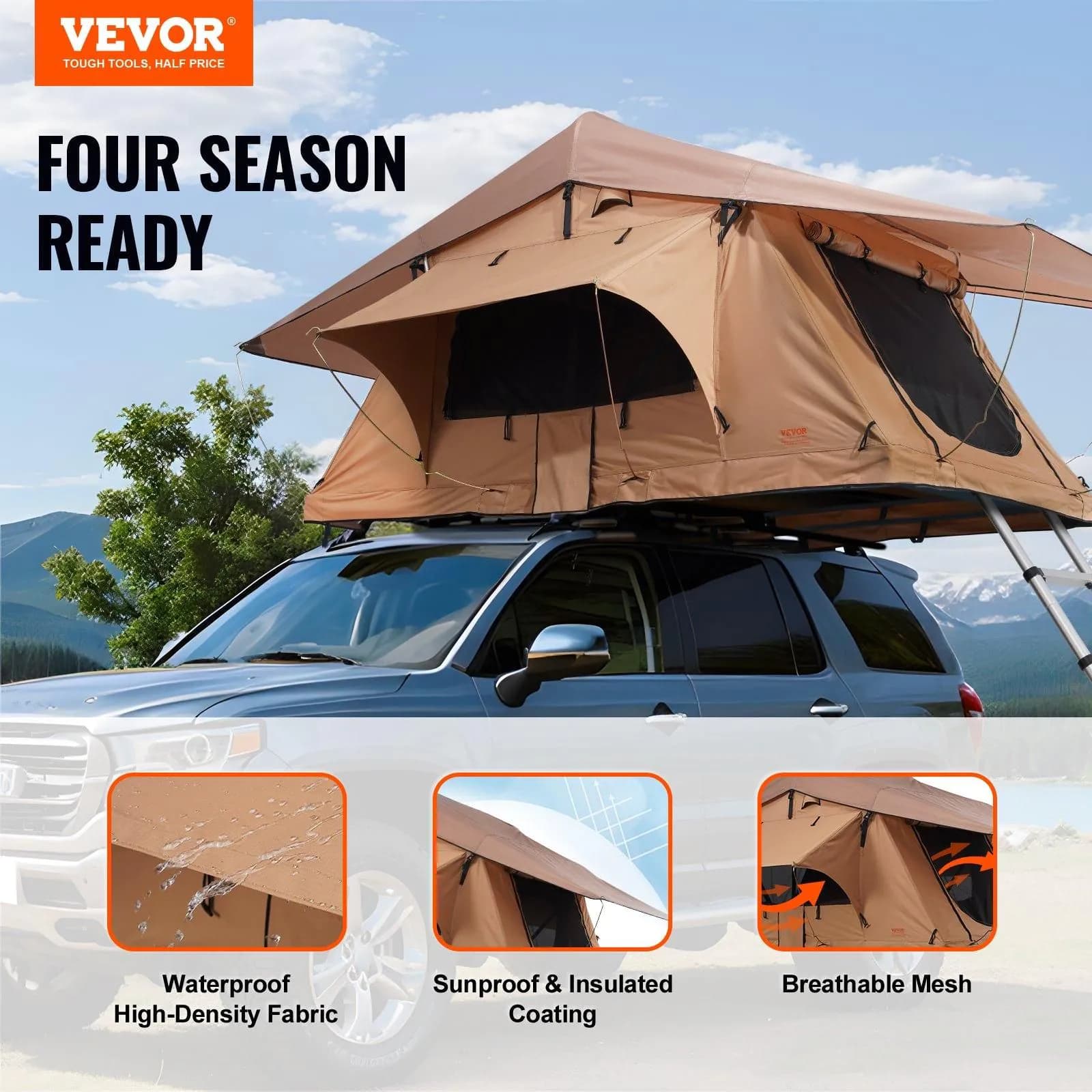 image-VEVOR Rooftop Tent Hard Shell, Naturnest Rooftop Tent Hardshell for 2-3 Person, Folding Hard Shell Roof Top Tent with Telescopic Ladder Mattress PVC Cover Bag, Waterproof for Jeep SUV Van Pickup Truck