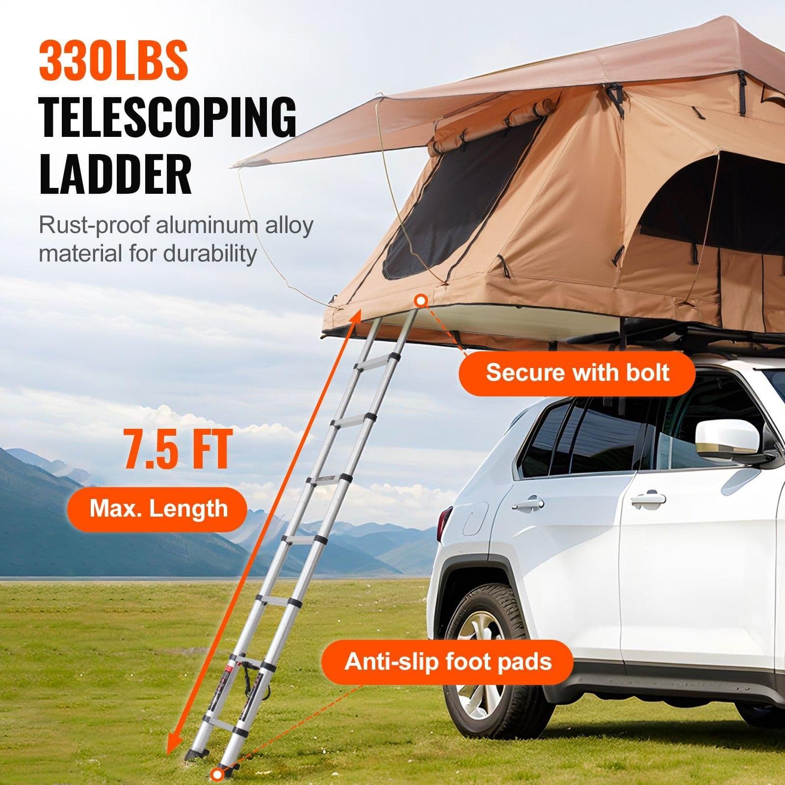 image-VEVOR Rooftop Tent Hard Shell, Naturnest Rooftop Tent Hardshell for 2-3 Person, Folding Hard Shell Roof Top Tent with Telescopic Ladder Mattress PVC Cover Bag, Waterproof for Jeep SUV Van Pickup Truck
