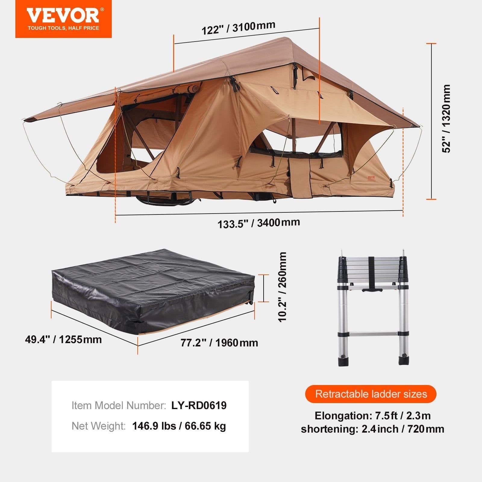image-VEVOR Rooftop Tent Hard Shell, Naturnest Rooftop Tent Hardshell for 2-3 Person, Folding Hard Shell Roof Top Tent with Telescopic Ladder Mattress PVC Cover Bag, Waterproof for Jeep SUV Van Pickup Truck