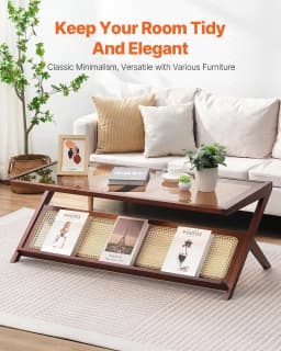 image-VEVOR Rattan Coffee Table, Z-Shaped Rattan Woven Bamboo Coffee Table with Tempered Glass Top, 47” Modern Boho Storage Coffee Table with Natural Bamboo Legs, for Living Room, Bedroom & Small Spaces