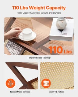 image-VEVOR Rattan Coffee Table, Z-Shaped Rattan Woven Bamboo Coffee Table with Tempered Glass Top, 47” Modern Boho Storage Coffee Table with Natural Bamboo Legs, for Living Room, Bedroom & Small Spaces
