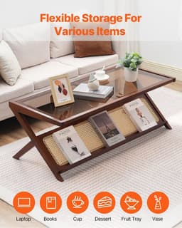 image-VEVOR Rattan Coffee Table, Z-Shaped Rattan Woven Bamboo Coffee Table with Tempered Glass Top, 47” Modern Boho Storage Coffee Table with Natural Bamboo Legs, for Living Room, Bedroom & Small Spaces