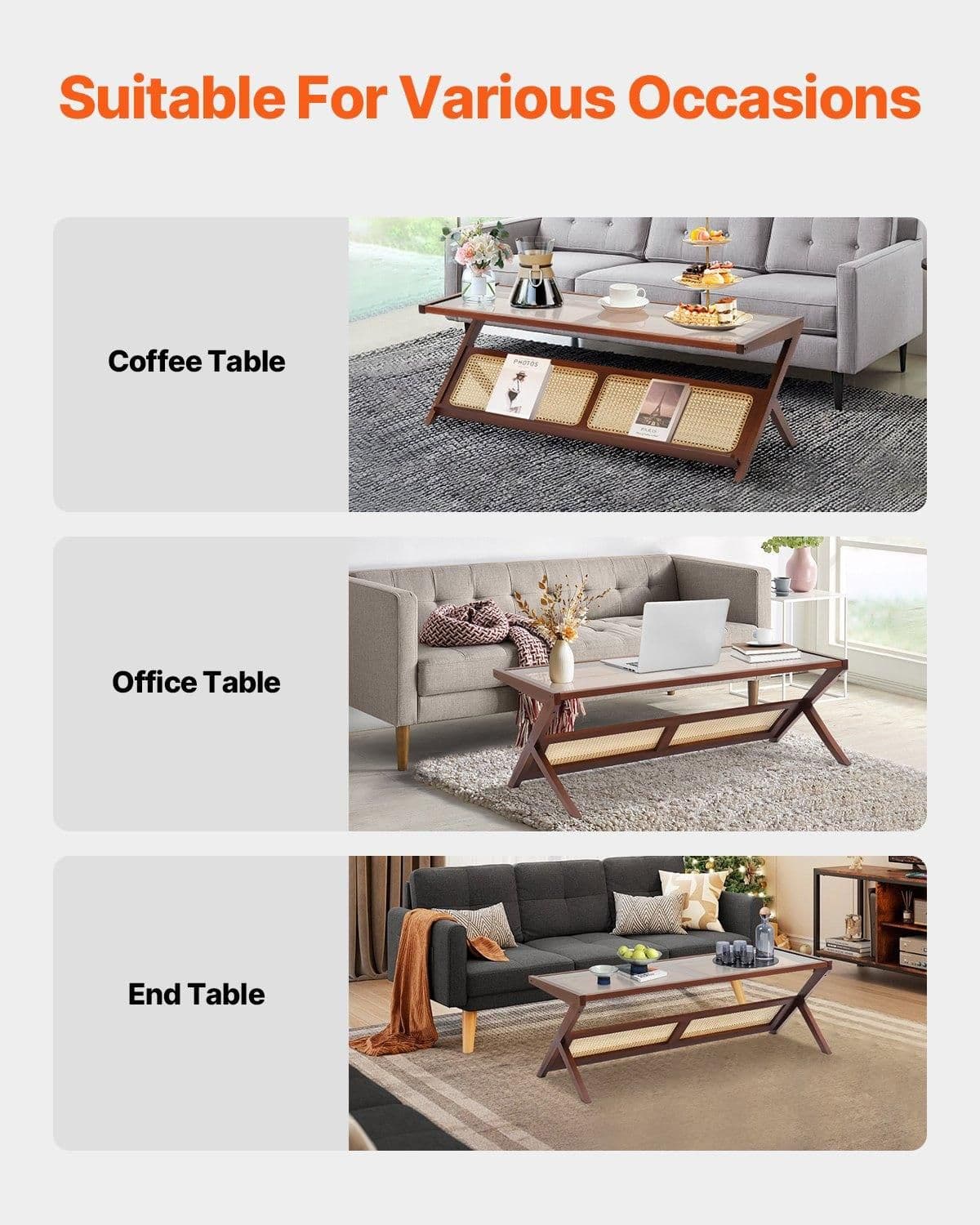 image-VEVOR Rattan Coffee Table, Z-Shaped Rattan Woven Bamboo Coffee Table with Tempered Glass Top, 47” Modern Boho Storage Coffee Table with Natural Bamboo Legs, for Living Room, Bedroom & Small Spaces