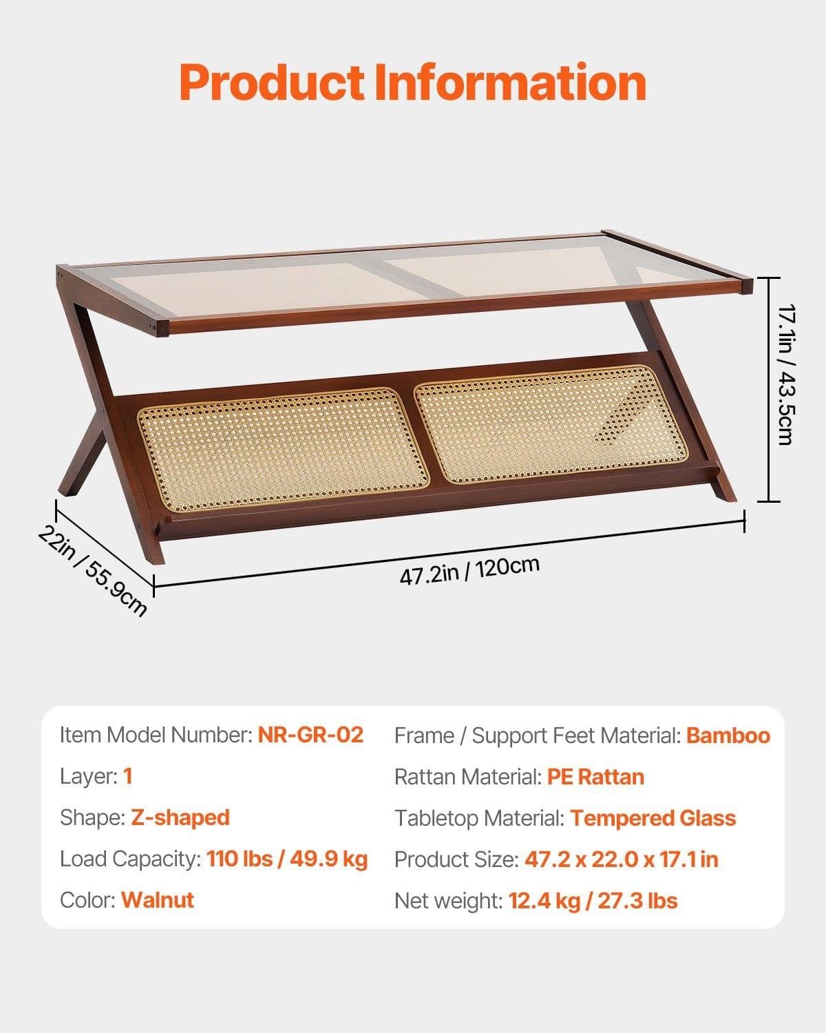 image-VEVOR Rattan Coffee Table, Z-Shaped Rattan Woven Bamboo Coffee Table with Tempered Glass Top, 47” Modern Boho Storage Coffee Table with Natural Bamboo Legs, for Living Room, Bedroom & Small Spaces