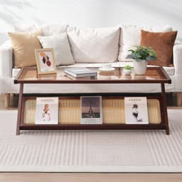 image-VEVOR Rattan Coffee Table, Z-Shaped Rattan Woven Bamboo Coffee Table with Tempered Glass Top, 47” Modern Boho Storage Coffee Table with Natural Bamboo Legs, for Living Room, Bedroom & Small Spaces