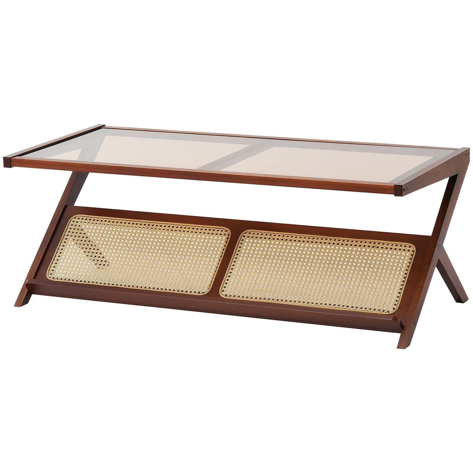 image-VEVOR Rattan Coffee Table, Z-Shaped Rattan Woven Bamboo Coffee Table with Tempered Glass Top, 47” Modern Boho Storage Coffee Table with Natural Bamboo Legs, for Living Room, Bedroom & Small Spaces