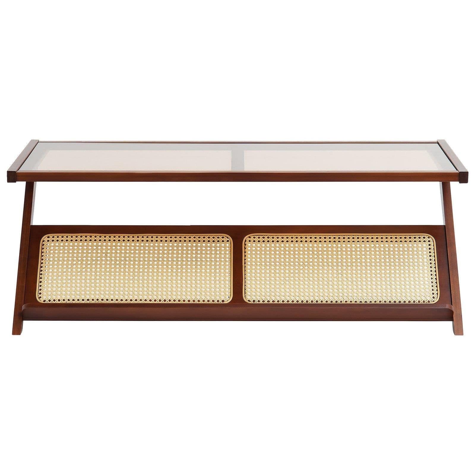 image-VEVOR Rattan Coffee Table, Z-Shaped Rattan Woven Bamboo Coffee Table with Tempered Glass Top, 47” Modern Boho Storage Coffee Table with Natural Bamboo Legs, for Living Room, Bedroom & Small Spaces