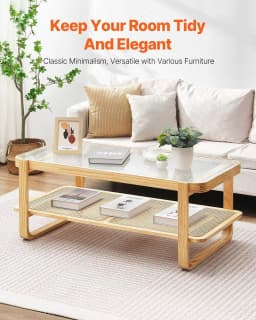 image-VEVOR Rattan Coffee Table, Rectangle Rattan Woven Wood Coffee Table with Tempered Glass Top, 45-Inch Modern Boho Storage Coffee Table with Natural Wood Legs, for Living Room, Bedroom & Small Spaces