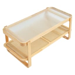 image-VEVOR Rattan Coffee Table, Rectangle Rattan Woven Wood Coffee Table with Tempered Glass Top, 45-Inch Modern Boho Storage Coffee Table with Natural Wood Legs, for Living Room, Bedroom & Small Spaces