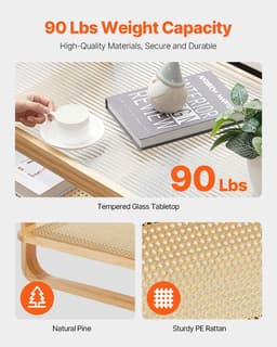 image-VEVOR Rattan Coffee Table, Rectangle Rattan Woven Wood Coffee Table with Tempered Glass Top, 45-Inch Modern Boho Storage Coffee Table with Natural Wood Legs, for Living Room, Bedroom & Small Spaces