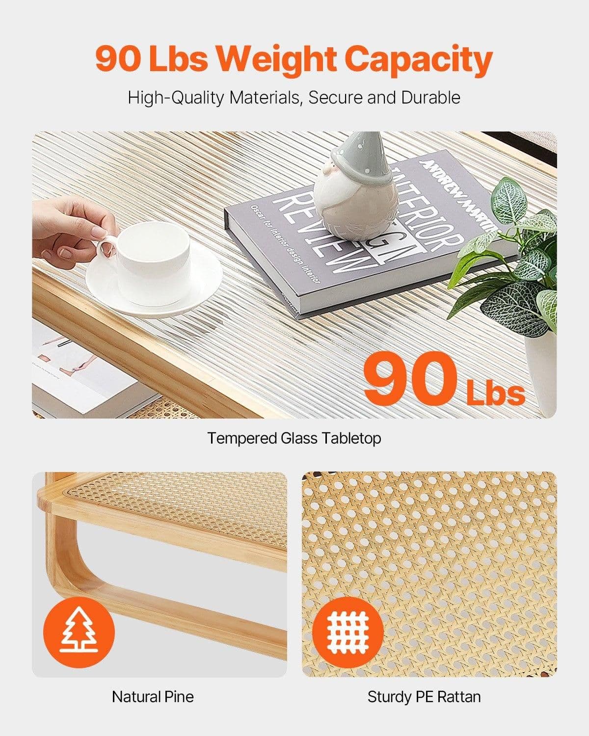 image-VEVOR Rattan Coffee Table, Rectangle Rattan Woven Wood Coffee Table with Tempered Glass Top, 45-Inch Modern Boho Storage Coffee Table with Natural Wood Legs, for Living Room, Bedroom & Small Spaces