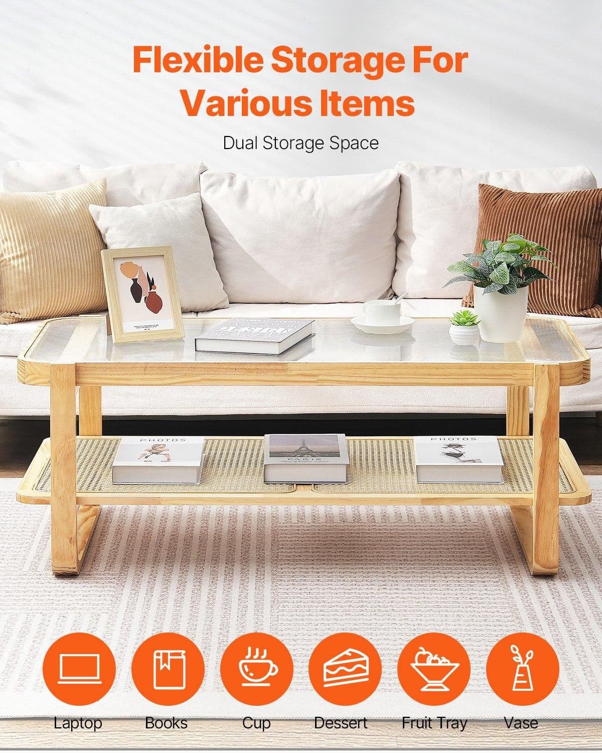 image-VEVOR Rattan Coffee Table, Rectangle Rattan Woven Wood Coffee Table with Tempered Glass Top, 45-Inch Modern Boho Storage Coffee Table with Natural Wood Legs, for Living Room, Bedroom & Small Spaces
