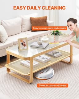 image-VEVOR Rattan Coffee Table, Rectangle Rattan Woven Wood Coffee Table with Tempered Glass Top, 45-Inch Modern Boho Storage Coffee Table with Natural Wood Legs, for Living Room, Bedroom & Small Spaces