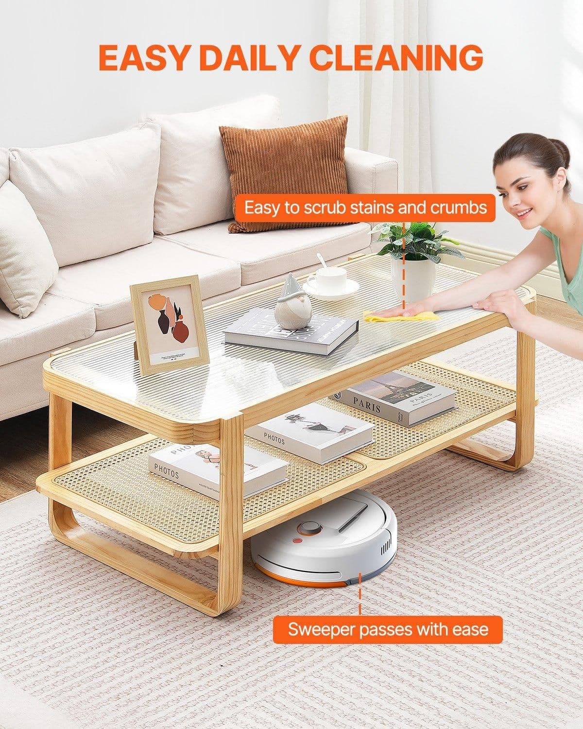 image-VEVOR Rattan Coffee Table, Rectangle Rattan Woven Wood Coffee Table with Tempered Glass Top, 45-Inch Modern Boho Storage Coffee Table with Natural Wood Legs, for Living Room, Bedroom & Small Spaces