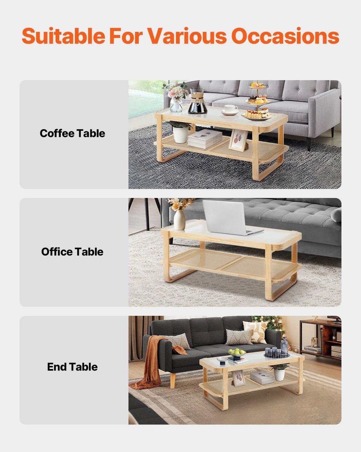 image-VEVOR Rattan Coffee Table, Rectangle Rattan Woven Wood Coffee Table with Tempered Glass Top, 45-Inch Modern Boho Storage Coffee Table with Natural Wood Legs, for Living Room, Bedroom & Small Spaces