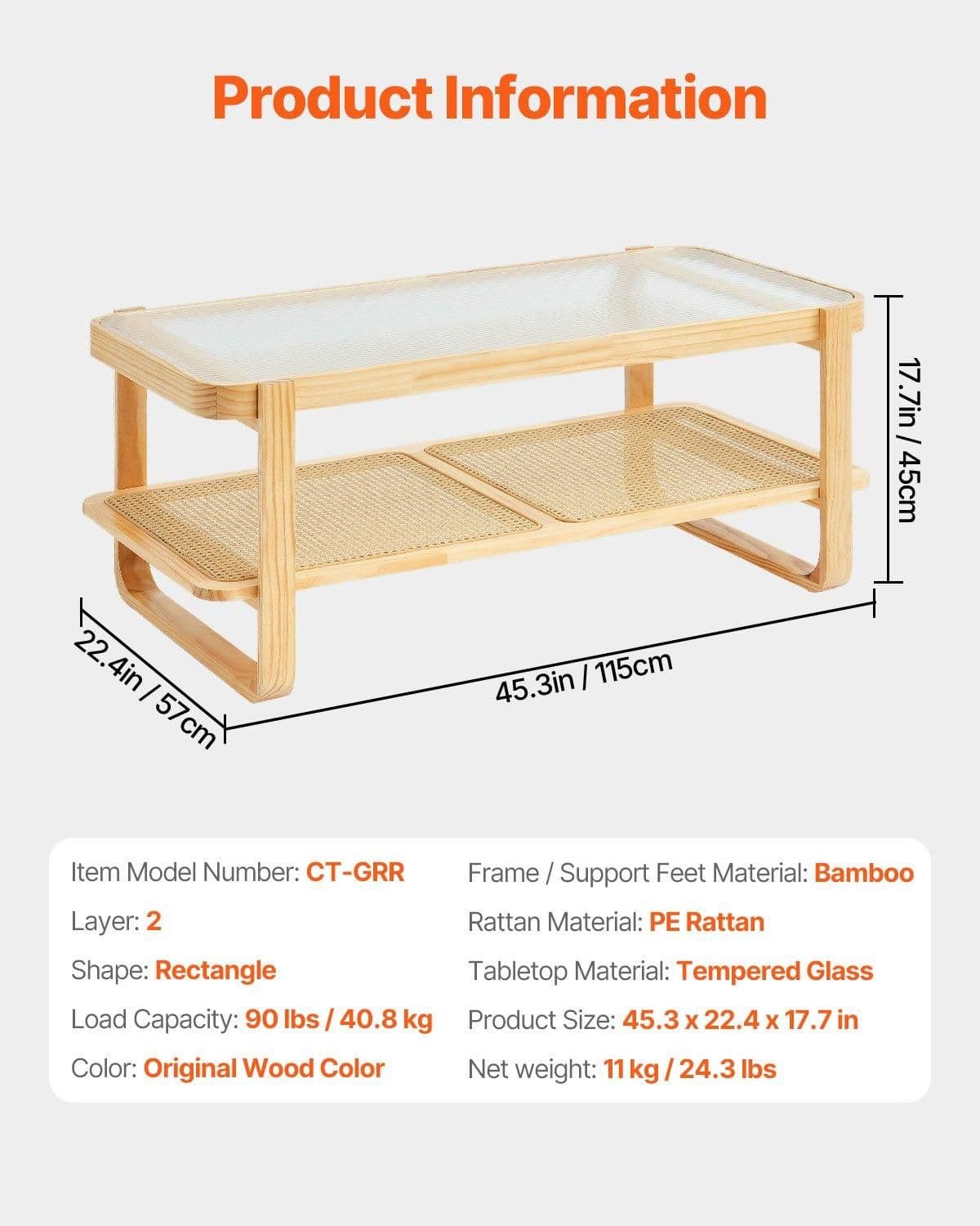 image-VEVOR Rattan Coffee Table, Rectangle Rattan Woven Wood Coffee Table with Tempered Glass Top, 45-Inch Modern Boho Storage Coffee Table with Natural Wood Legs, for Living Room, Bedroom & Small Spaces